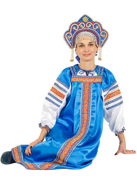 Русский народный костюм "Василиса", васильковый атласный комплект