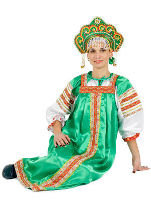 Русский народный костюм "Василиса", зеленый атласный комплект