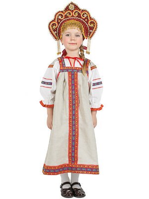 Русский народный костюм "Забава" детский, серый льняной комплект, 7-12 лет