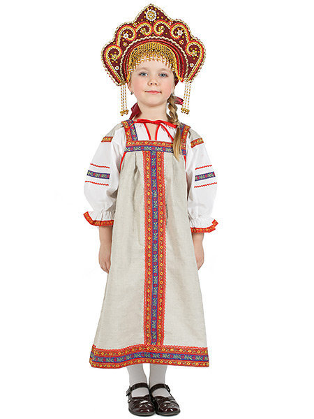 Русский народный костюм "Забава" детский, серый льняной комплект, 7-12 лет